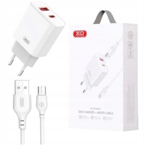 XO-CE12 ŁADOWARKA SIECIOWA DUAL USB-A USB-C 3A 20W KABEL MICRO-USB