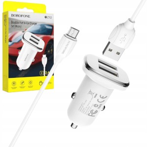 ŁADOWARKA SAMOCHODOWA UNIWERSALNA BOROFONE BZ12 DUAL USB 2,4A KABEL MICRO