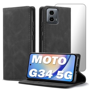 ETUI Z KLAPKĄ DO MOTOROLA MOTO G34 5G ECOSKÓRA PORTFEL MAGNETYCNE + SZKŁO