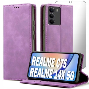 ETUI Z KLAPKĄ DO REALME C75 / 14X ECOSKÓRA PORTFEL MAGNETYCZNE + SZKŁO