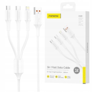 KABEL FONENG 3W1 LIGHTNING / MICRO / TYP-C 1,2M 3A SZYBKI MOCNY PRZEWÓD