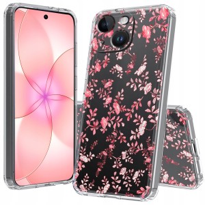 ETUI DO IPHONE 14 Przezroczyste CZARNE KWIATY SILIKONOWE CASE + SZKŁO