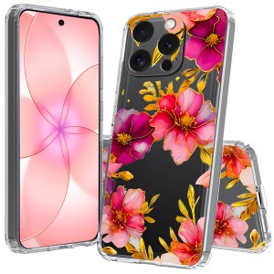 ETUI DO IPHONE 14 PRO Przezroczyste CZARNE KWIATY SILIKONOWE CASE + SZKŁO